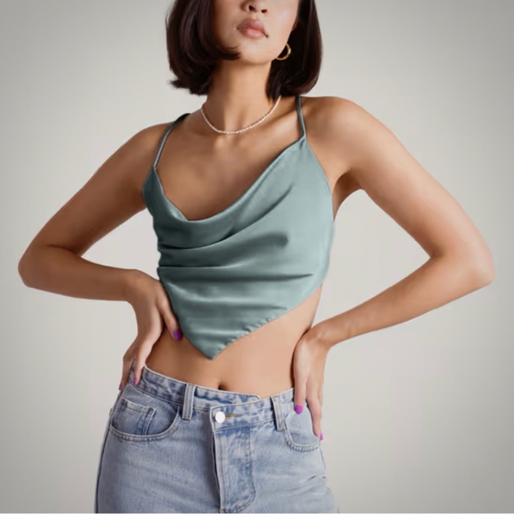Oak + Fort Elegant Teal Satin Cowl Neck Top